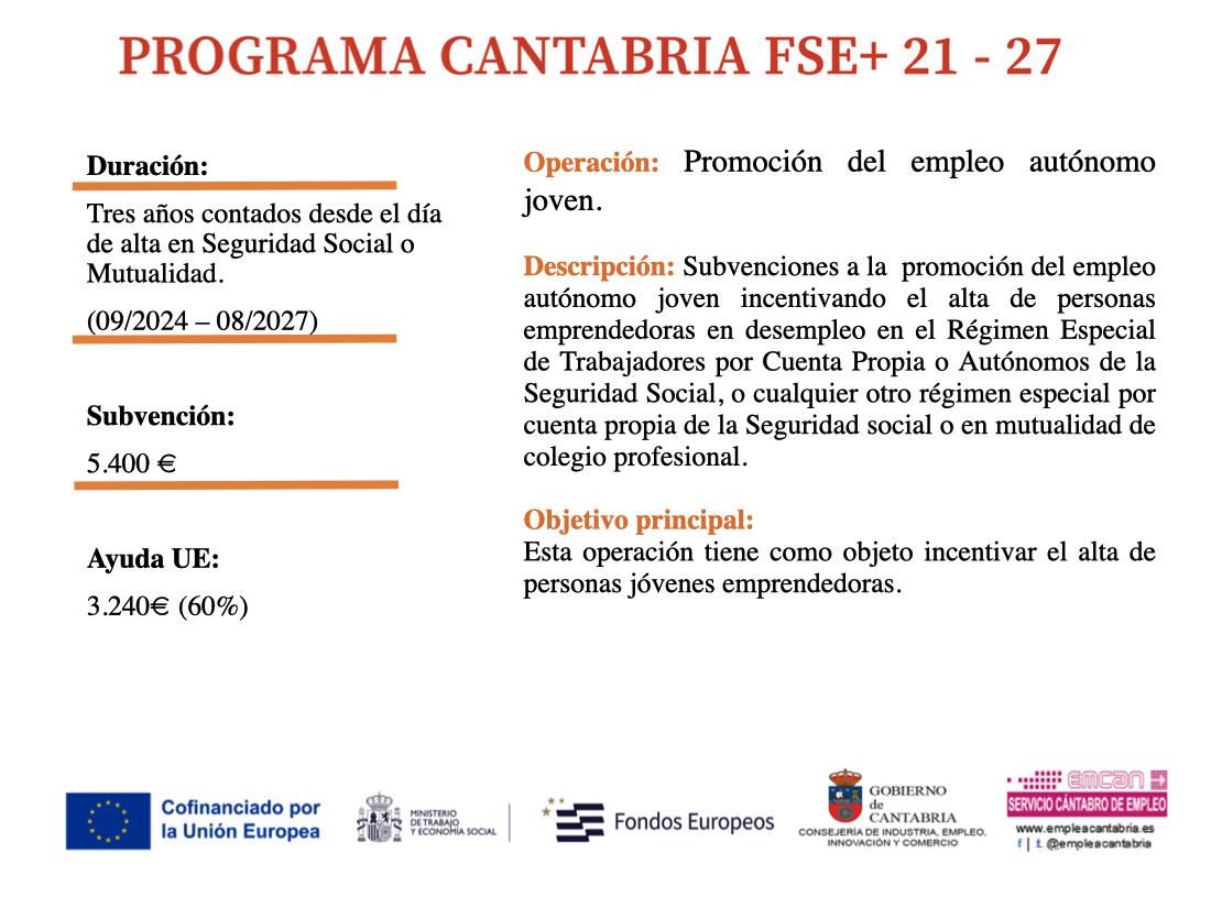 Cartel Programa Cantabria FSE+ 2021-2027: promoción del empleo autónomo joven, subvención de 5.400 euros, ayuda UE 3.240 euros (60%), cofinanciado por la Unión Europea
